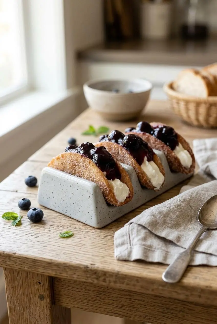Three blueberry cheesecake tacos lined up in a ceramic serving dish on an oak table ready for dessert.