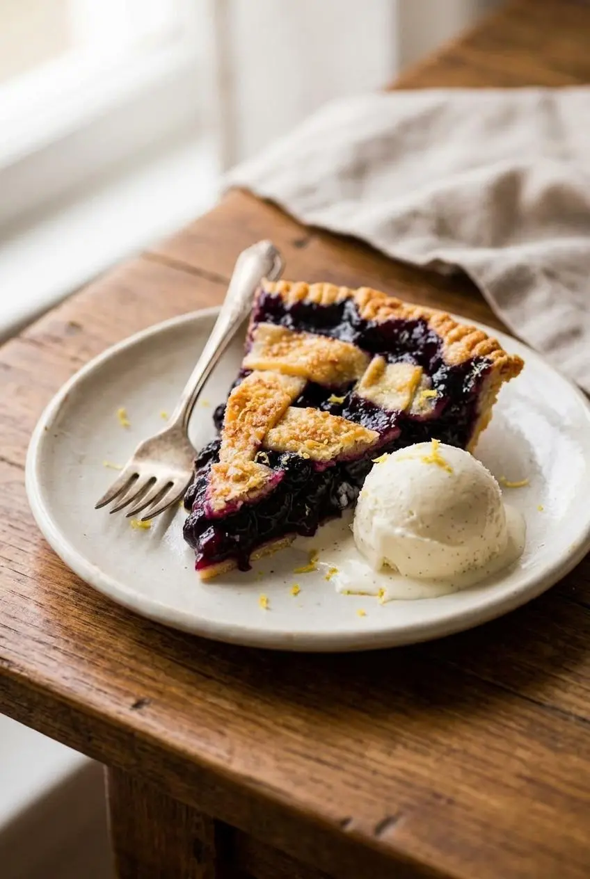 Slice of blueberry pie served on a ceramic plate with a scoop of melting vanilla bean ice cream.