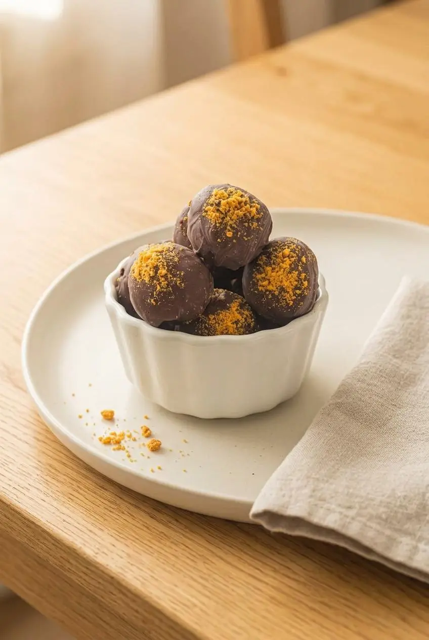 Chocolate butterfinger balls in mini paper candy cups arranged neatly on a ceramic platter.