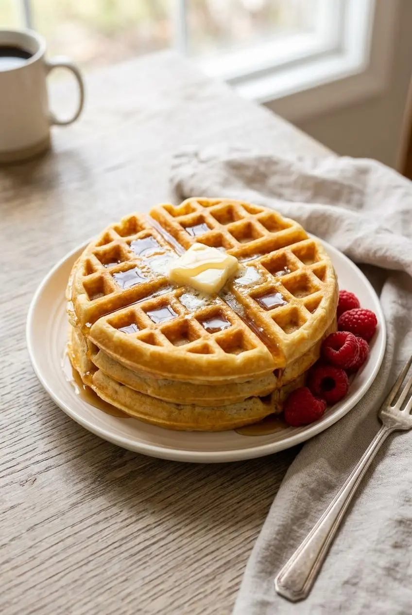 Stack of warm buttermilk waffles topped with melting salted butter, maple syrup, and fresh raspberries.