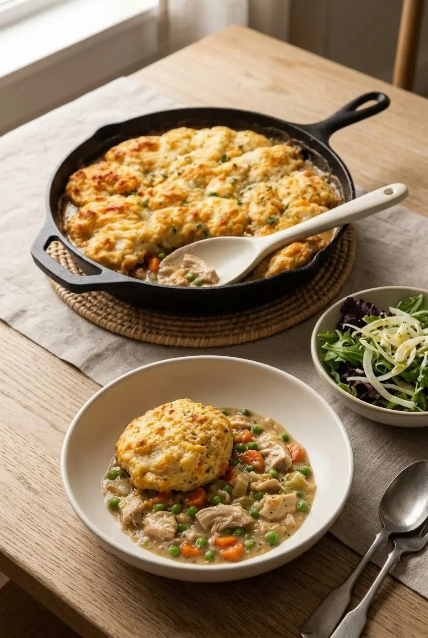 Bowl of cheddar biscuit chicken pot pie served alongside a crisp mixed greens and shaved fennel salad.