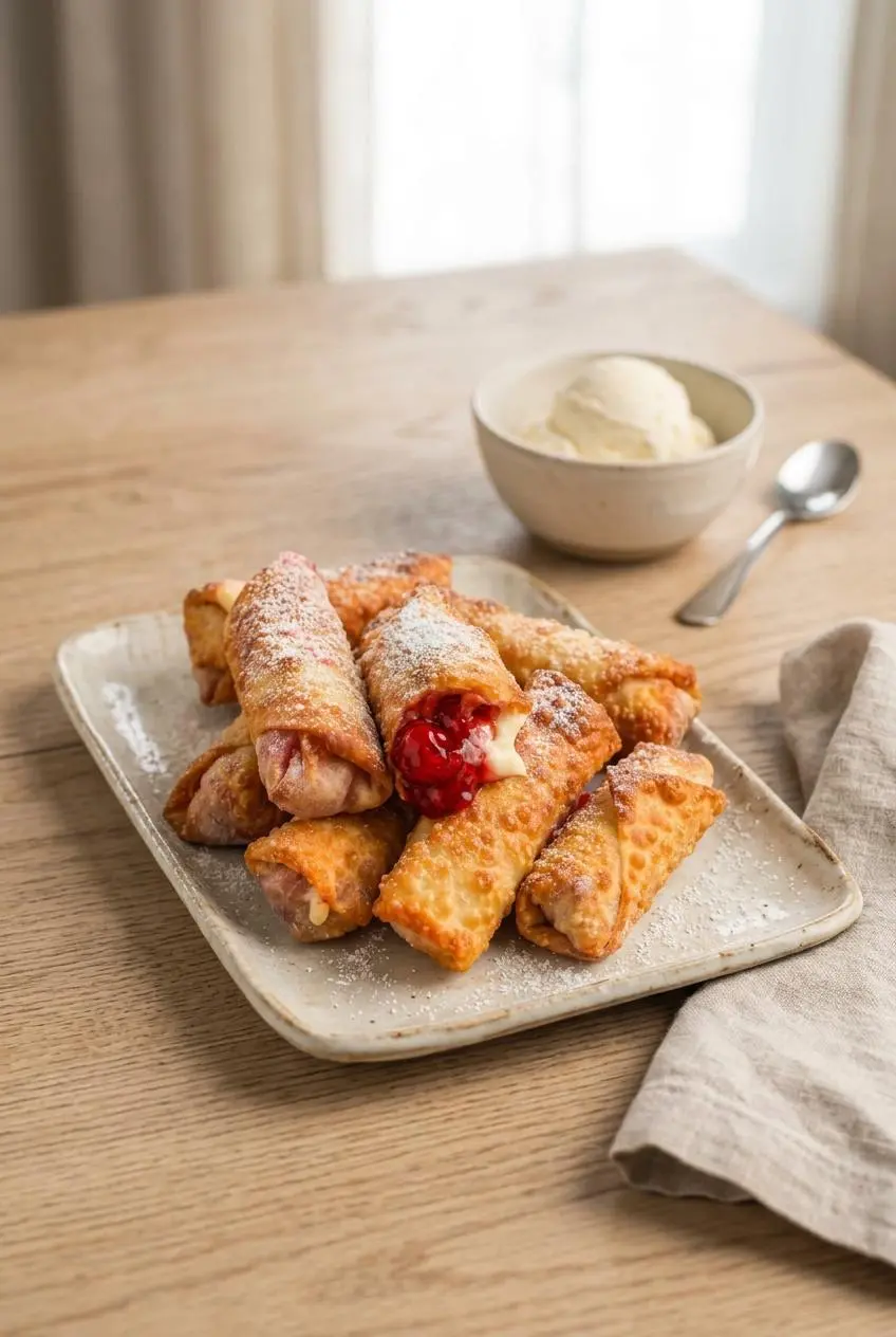 Platter of powdered sugar dusted cherry cheesecake egg rolls beside vanilla ice cream.