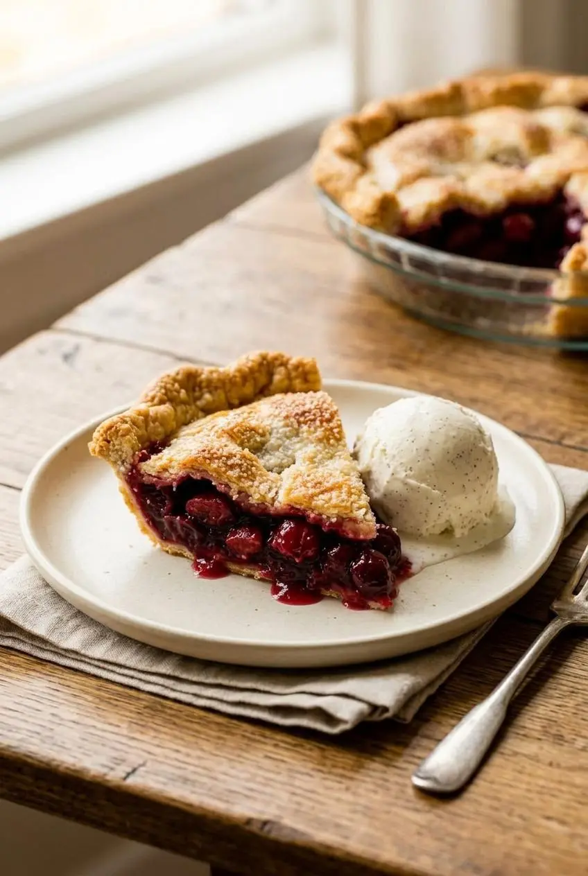 Slice of cherry pie on a ceramic plate alongside melting vanilla bean ice cream.
