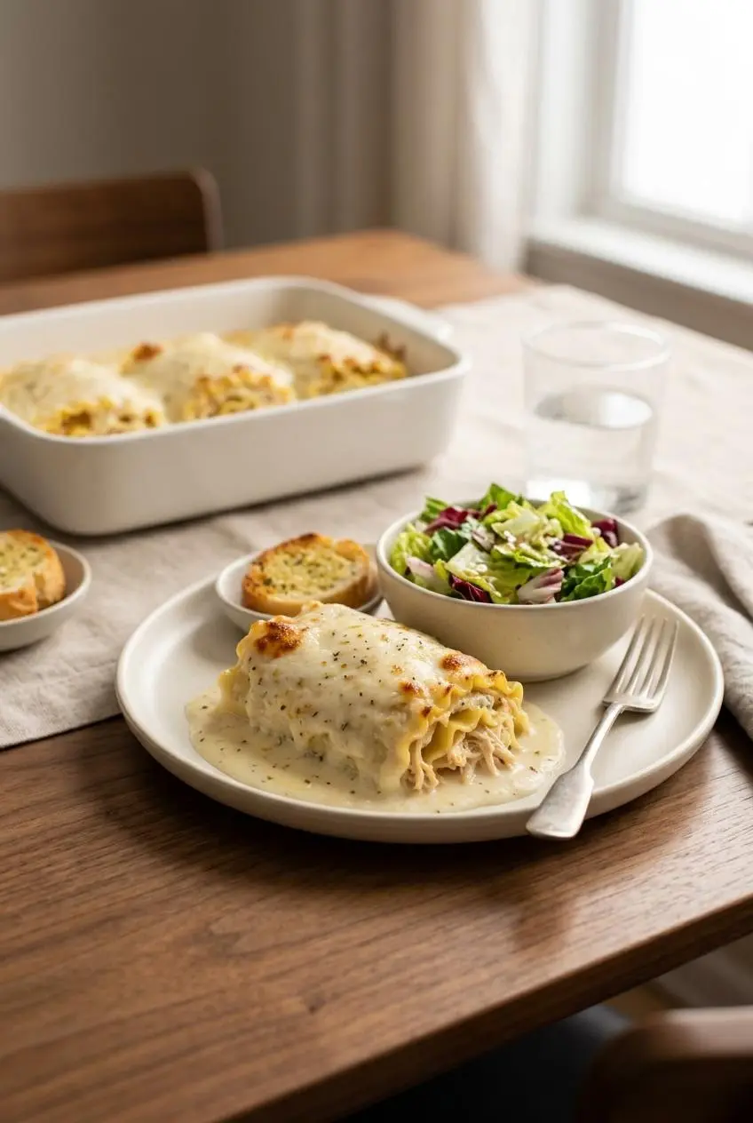 Plated chicken alfredo lasagna roll up with crisp Italian side salad and toasted garlic ciabatta.