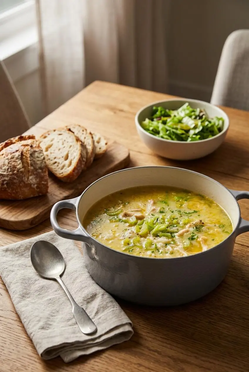 Chicken and rice soup served alongside crusty sourdough bread and a light green side salad.