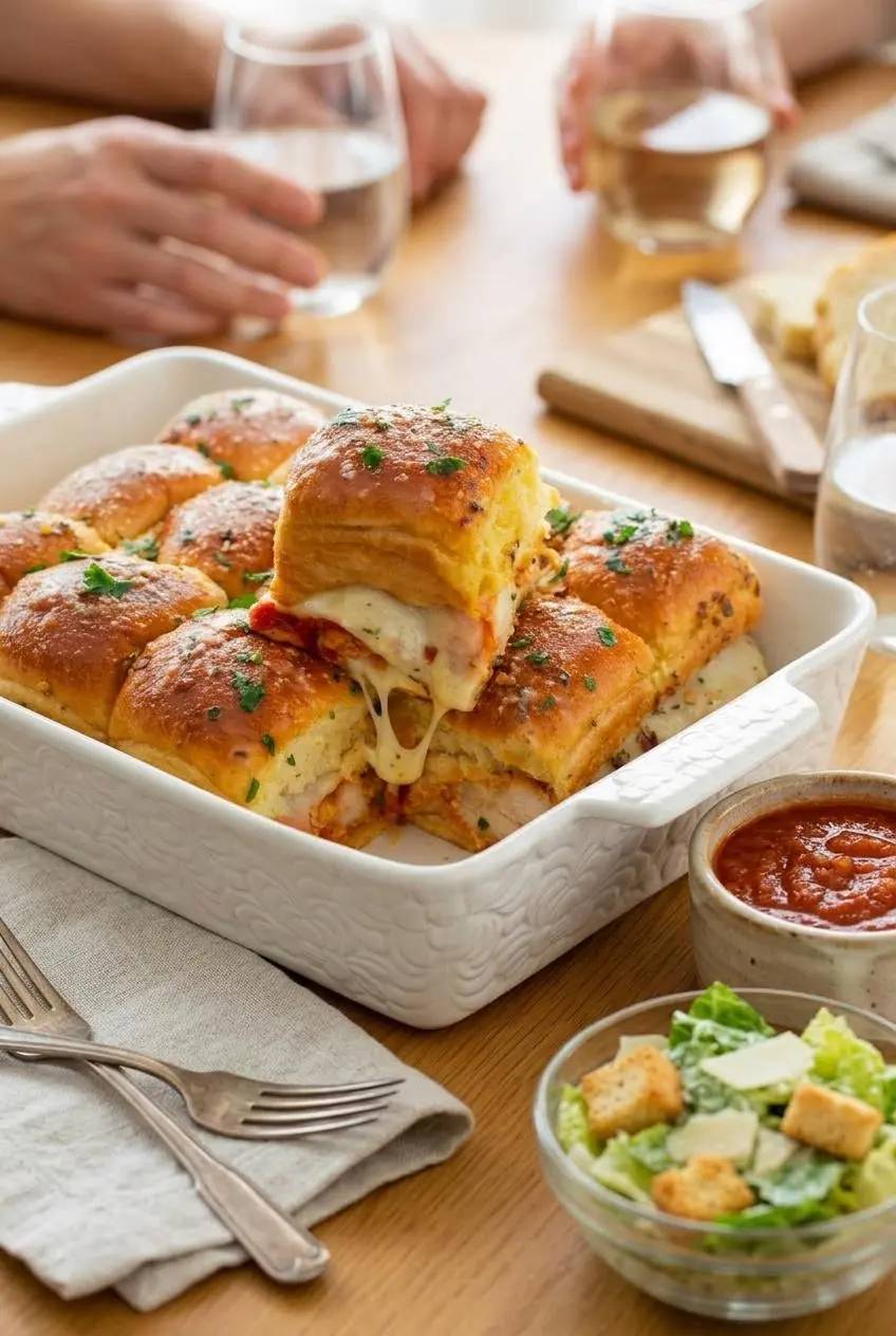 Pull-apart chicken sliders in a baking dish served alongside Caesar salad and warm marinara dip.
