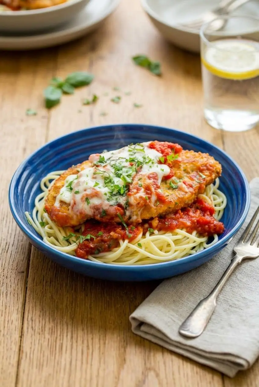 Plated chicken parmesan cutlet served alongside twirled spaghetti tossed in garlic marinara with fresh basil.