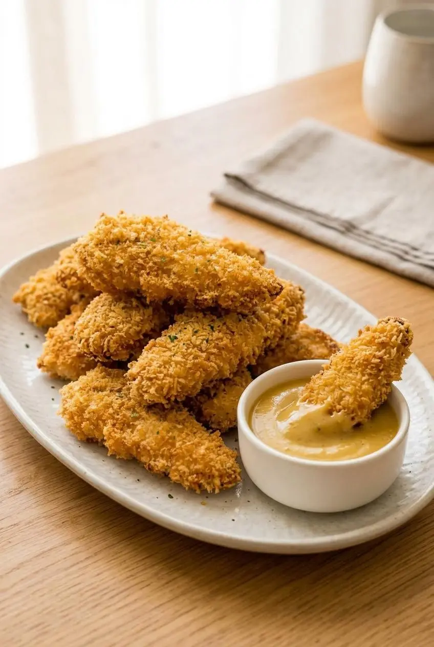 Baked chicken strips stacked on an oval platter beside a ramekin of creamy honey mustard dip.