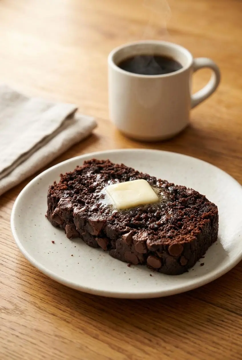 Warm slice of chocolate banana bread served on a plate with melting salted butter alongside a cup of coffee.