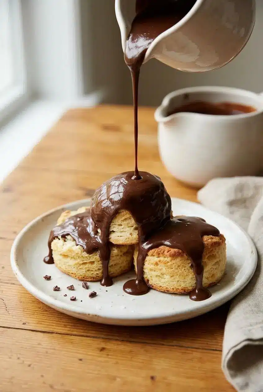 Warm chocolate gravy poured generously over warm split buttermilk biscuits on a ceramic breakfast plate.
