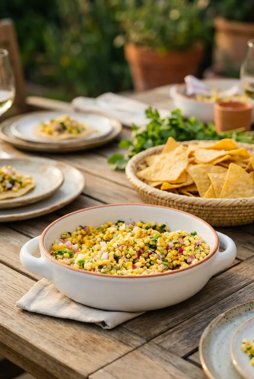 Bowl of corn salsa on an outdoor wooden table served alongside salted tortilla chips for dipping.