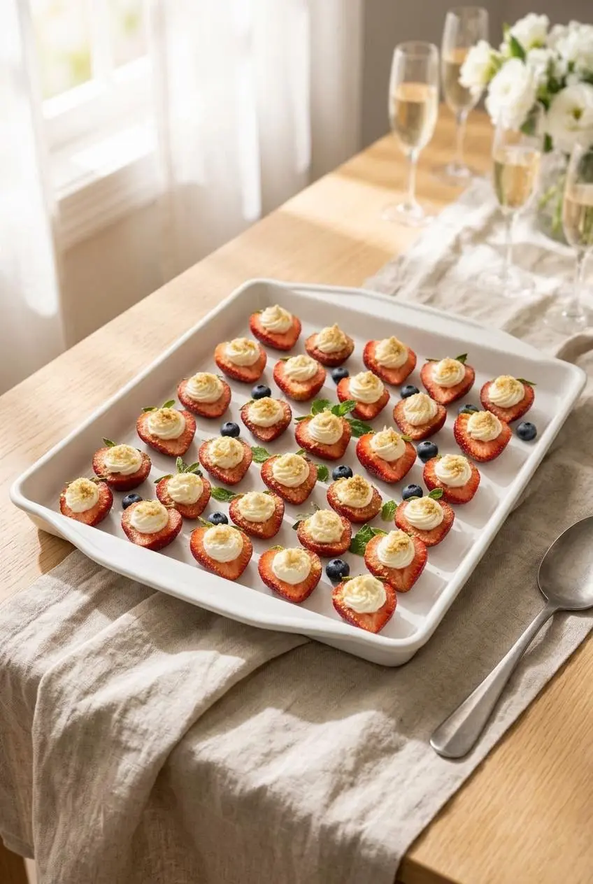 White serving platter arranged with deviled strawberries, fresh mint leaves, and scattered blueberries.