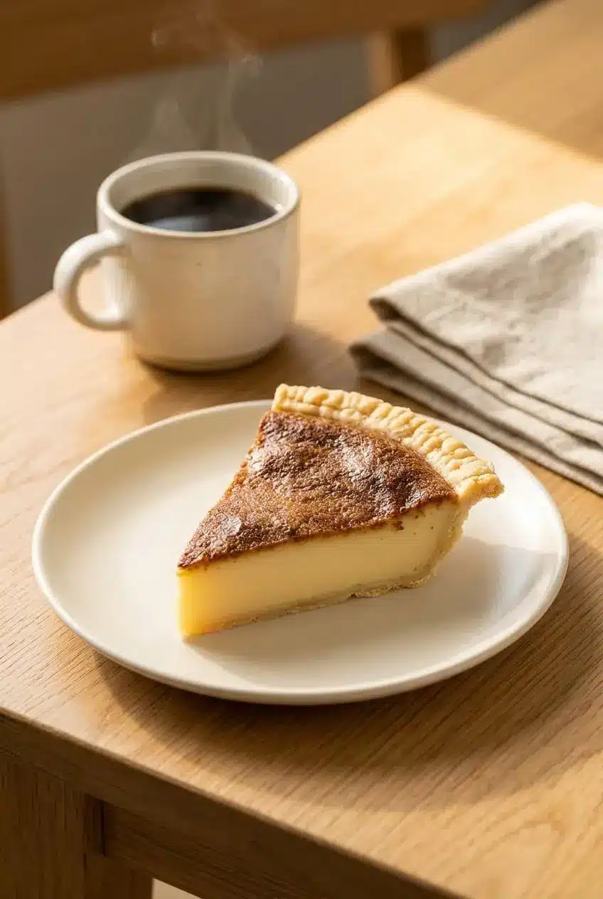 Clean slice of Filipino egg pie on a ceramic plate served with hot black coffee for merienda.