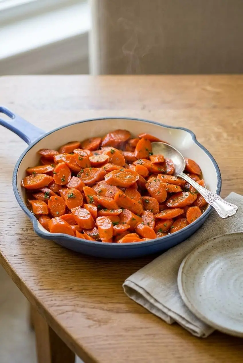 Bowl of glazed carrots with a vintage serving spoon on a rustic wooden dining table.