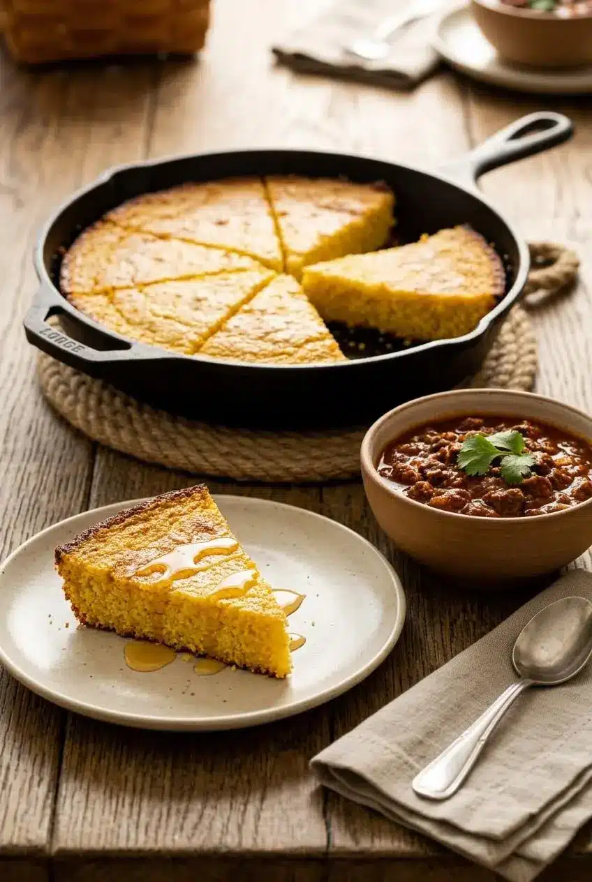 Warm gluten-free cornbread wedge drizzled with honey, served beside a bowl of smoky beef chili on a wooden table.