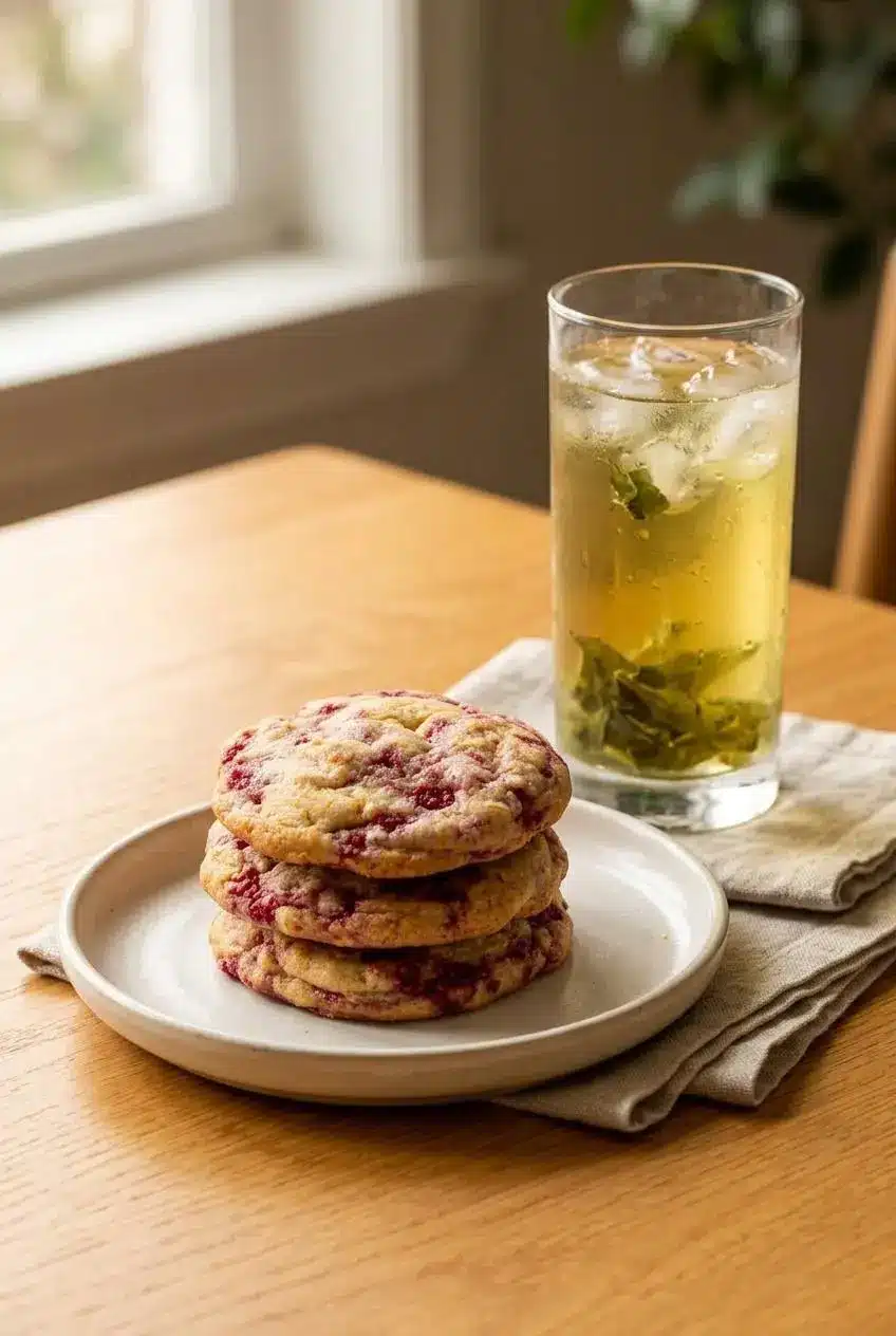 Stack of lemon raspberry cookies on a ceramic plate served beside a cold glass of iced green tea.