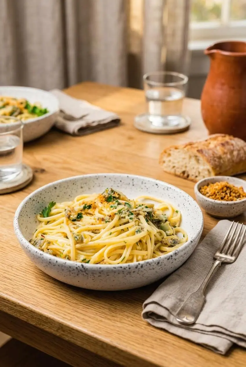 Linguine with clam sauce topped with toasted garlic breadcrumbs served with crusty ciabatta bread.
