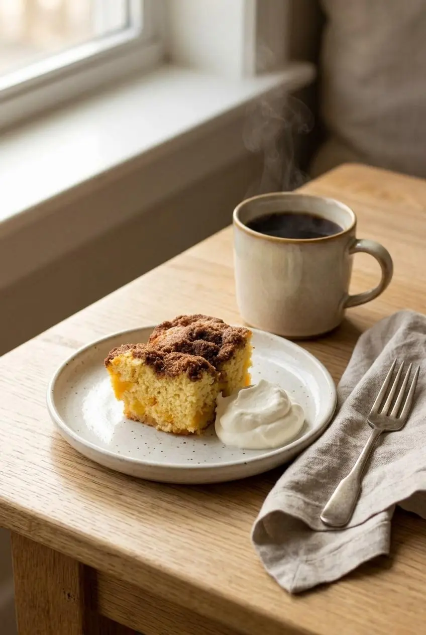 Square slice of mango coffee cake topped with whipped cream beside a mug of black coffee.