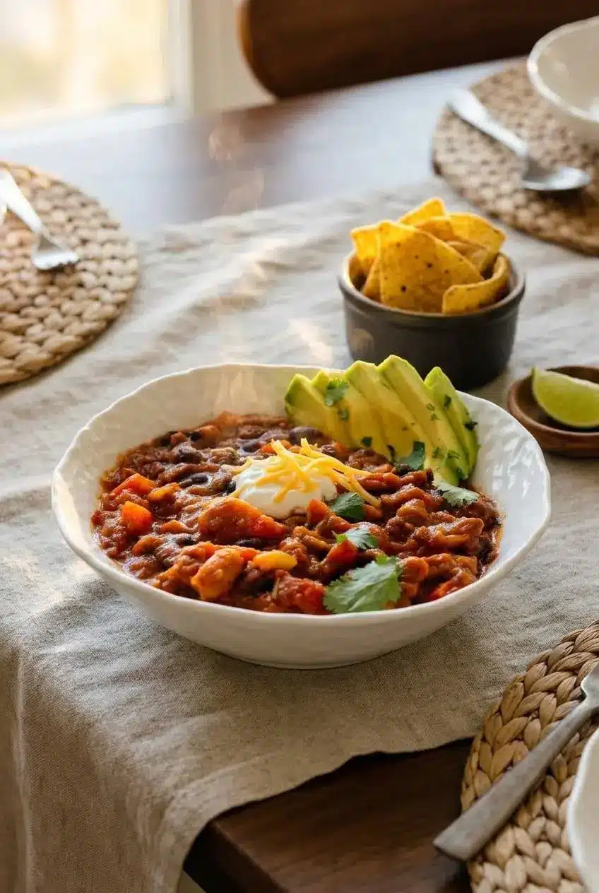 Bowl of meatless chili garnished with avocado slices, sour cream, cilantro, and shredded cheese with tortilla chips.
