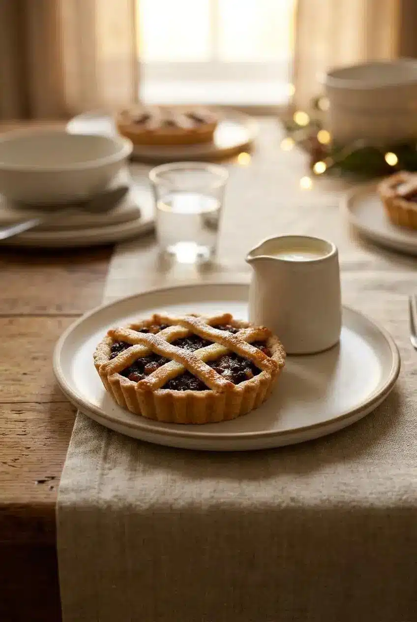 Warm mincemeat pie dusted with powdered sugar served on a plate with fresh pouring cream.