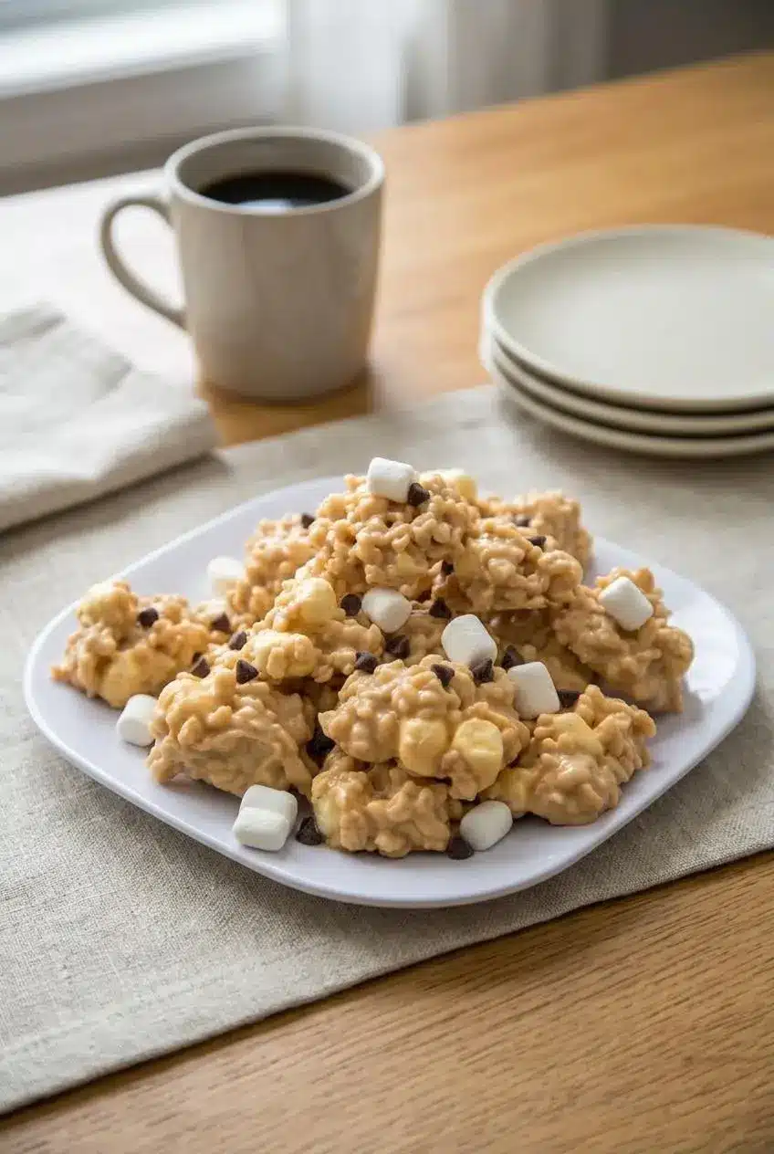 Platter of no bake avalanche cookies stacked for serving alongside a mug of black coffee.
