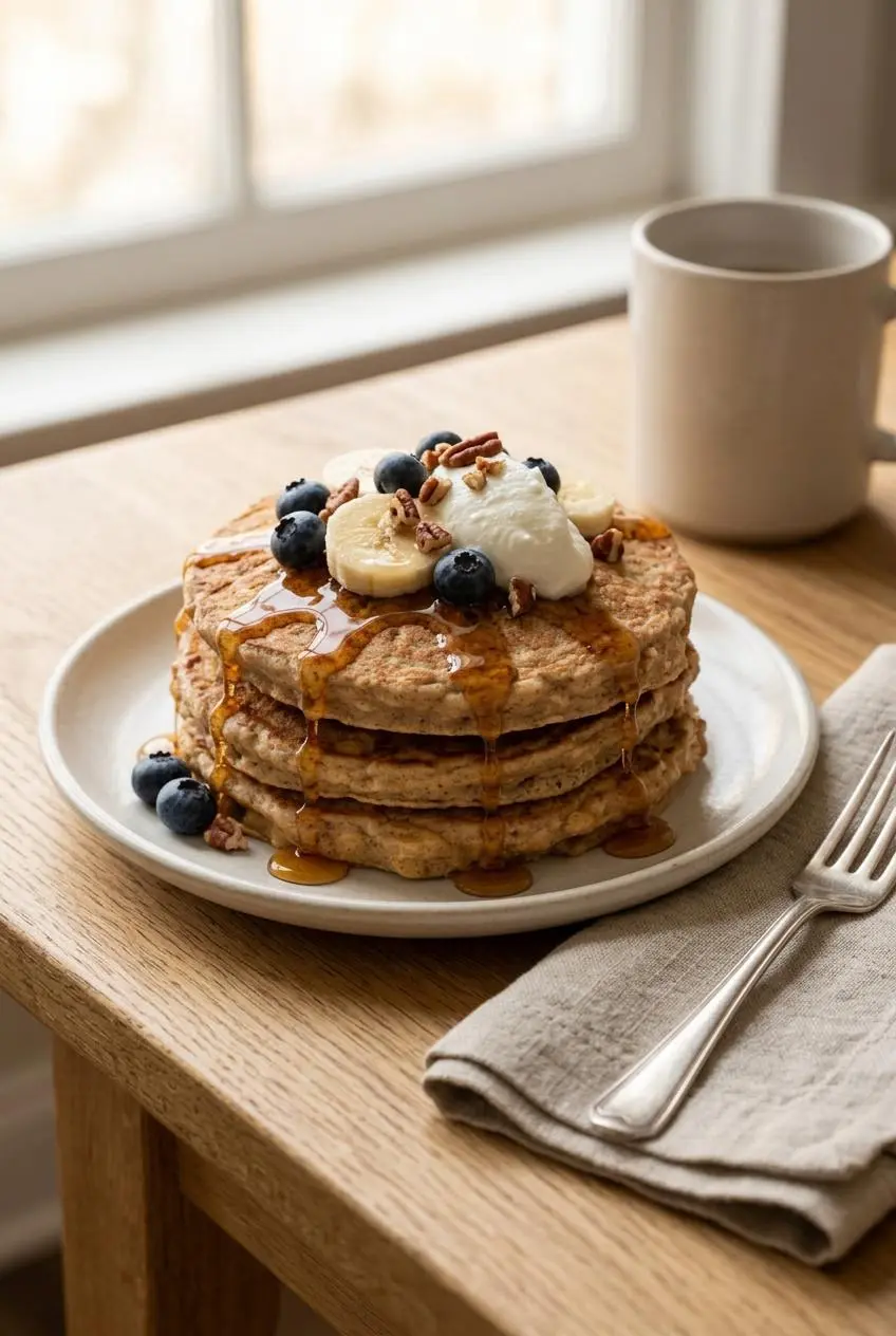 Stack of oatmeal pancakes topped with maple syrup, blueberries, banana slices, Greek yogurt, and pecans.