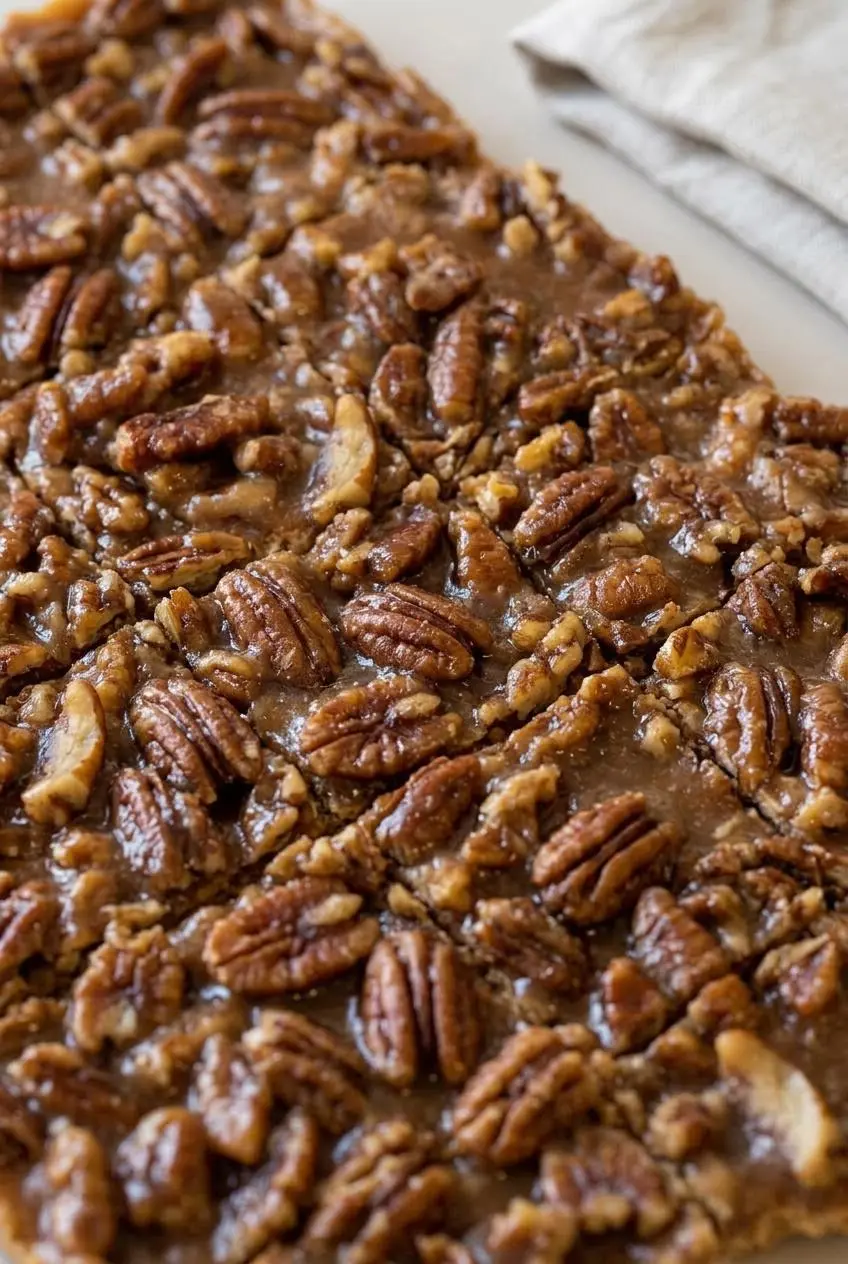 Rustic pieces of baked pecan pie bark stacked on a ceramic serving platter for a holiday gathering.