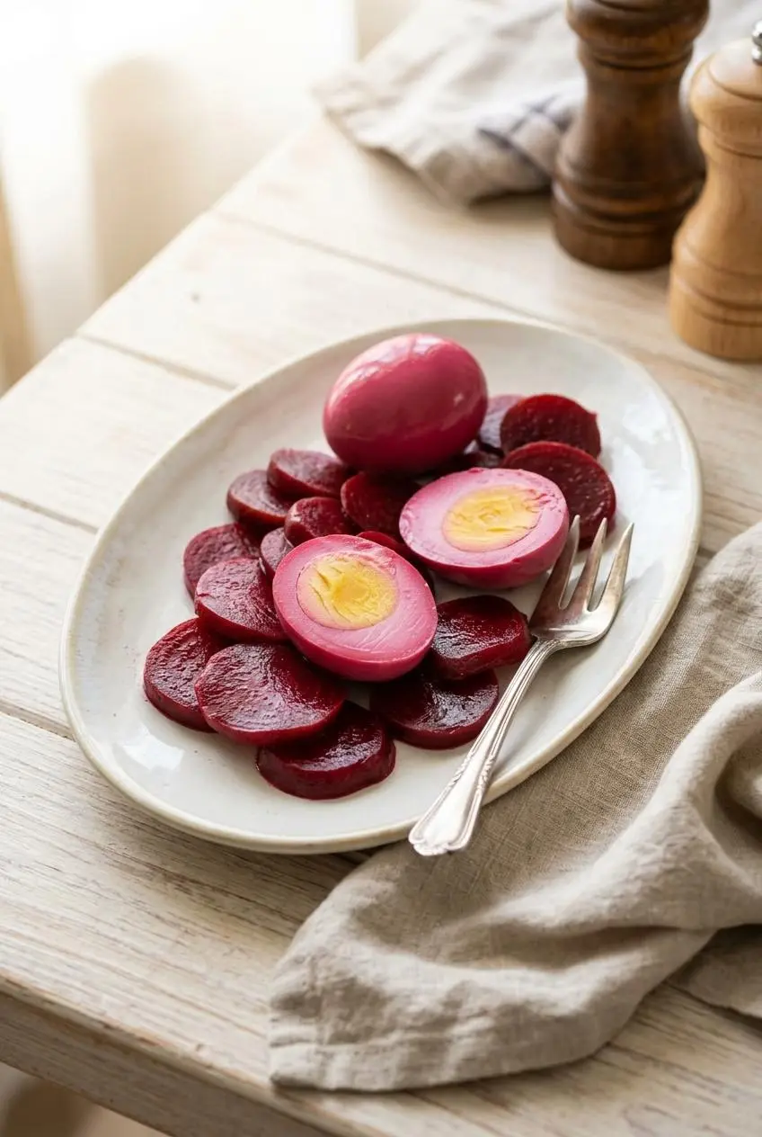 Halved red beet eggs and tender pickled beet slices arranged on a ceramic serving platter for brunch.