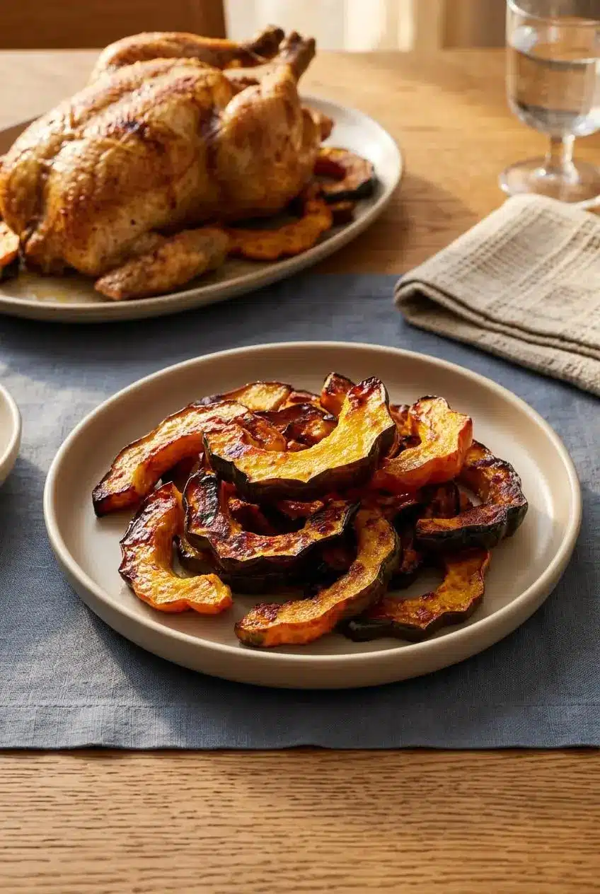 Caramelized acorn squash slices on a ceramic platter served alongside roast chicken on an autumn dining table.