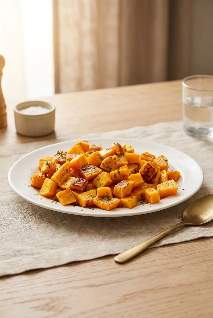 Ceramic serving dish piled with warm roasted butternut squash cubes garnished with fresh parsley.