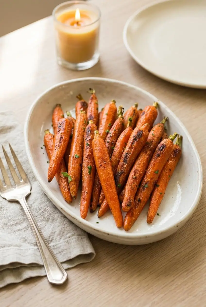 Roasted carrots with parsley served in an oval white ceramic dish on a light wood dining table.