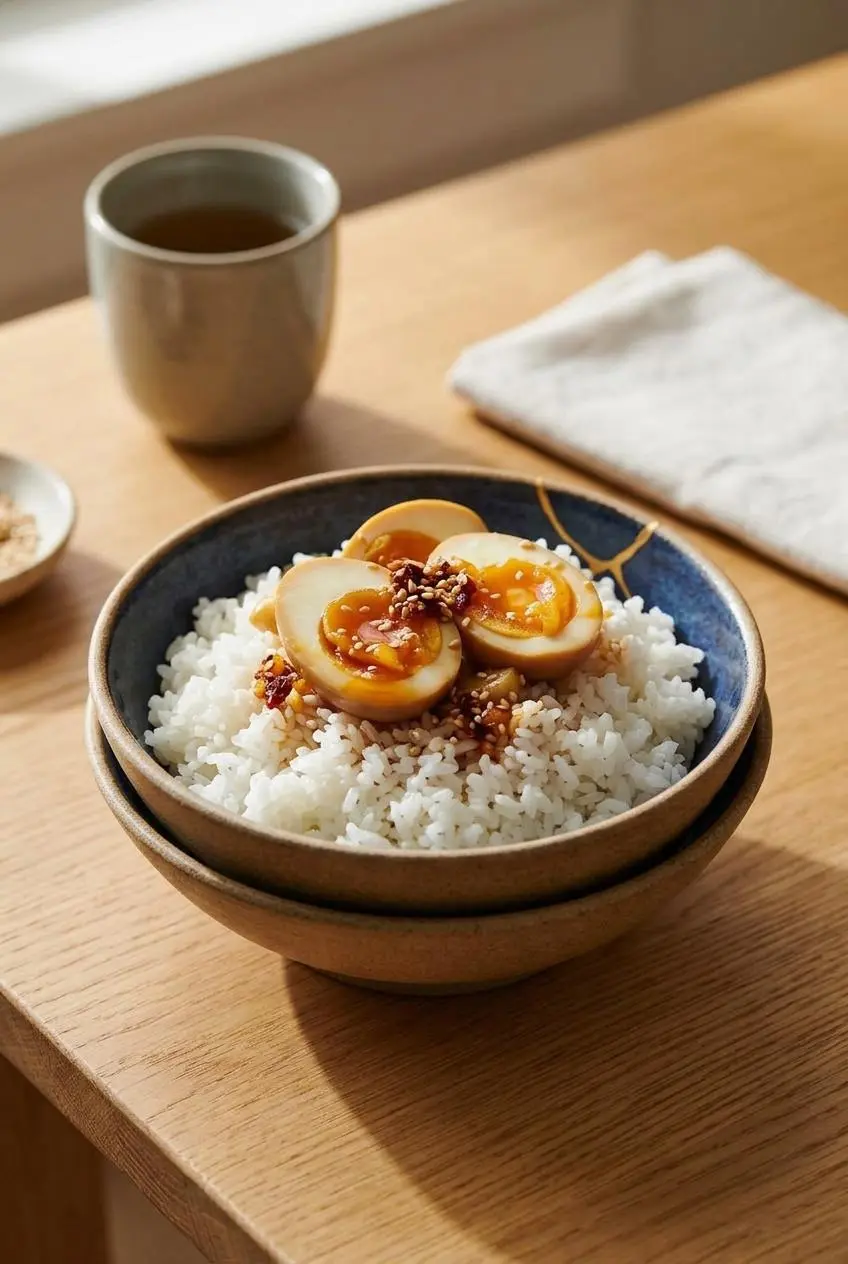 Halved soy eggs served over a bowl of steamed white rice with chili crisp and sesame seeds.