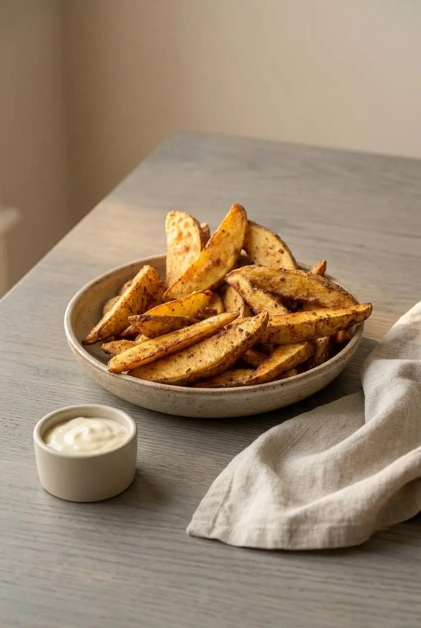 Bowl of golden steak fries served with creamy garlic aioli on a wooden dining table.
