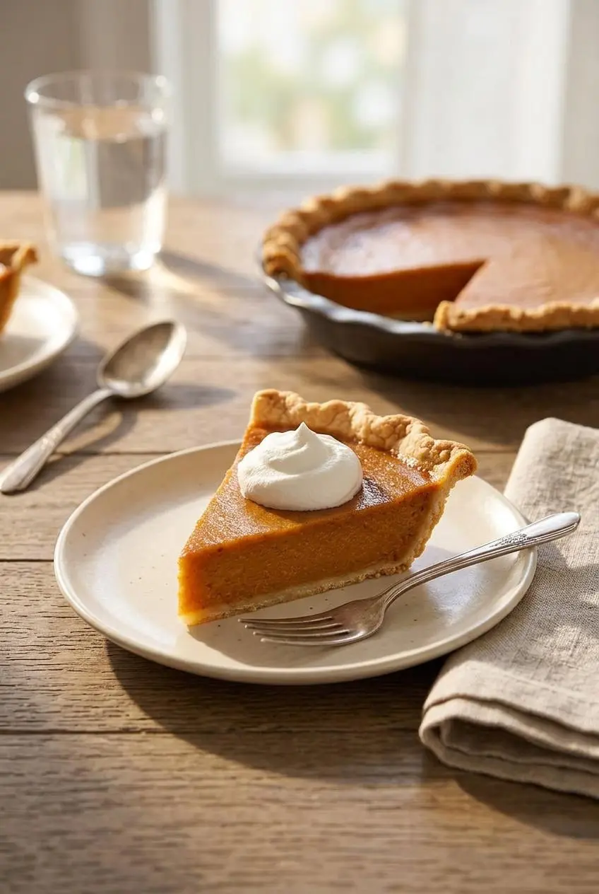 Slice of sweet potato pie topped with fresh whipped cream on a ceramic dessert plate beside the whole pie.