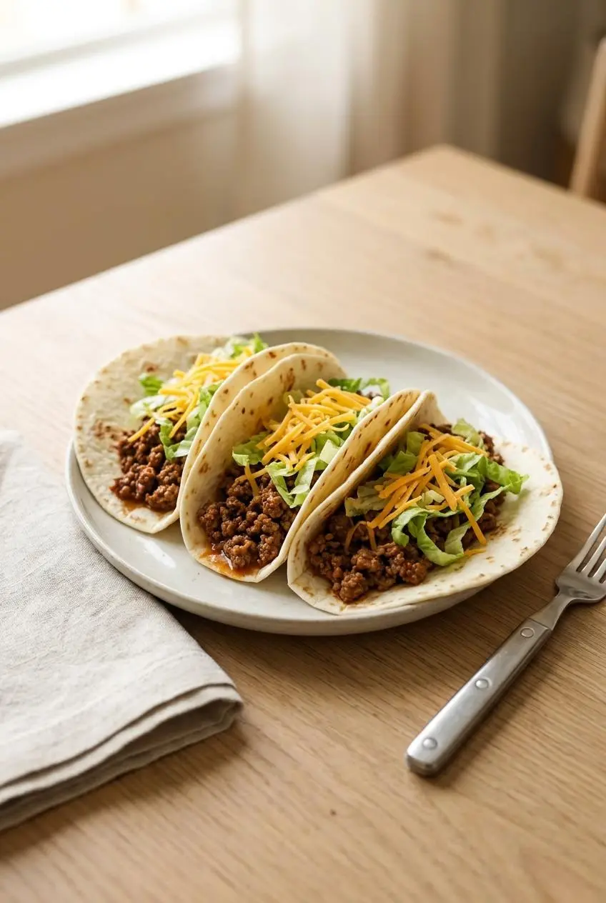 Three soft flour tortillas filled with warm taco meat, finely shredded cheddar cheese, and shredded lettuce.