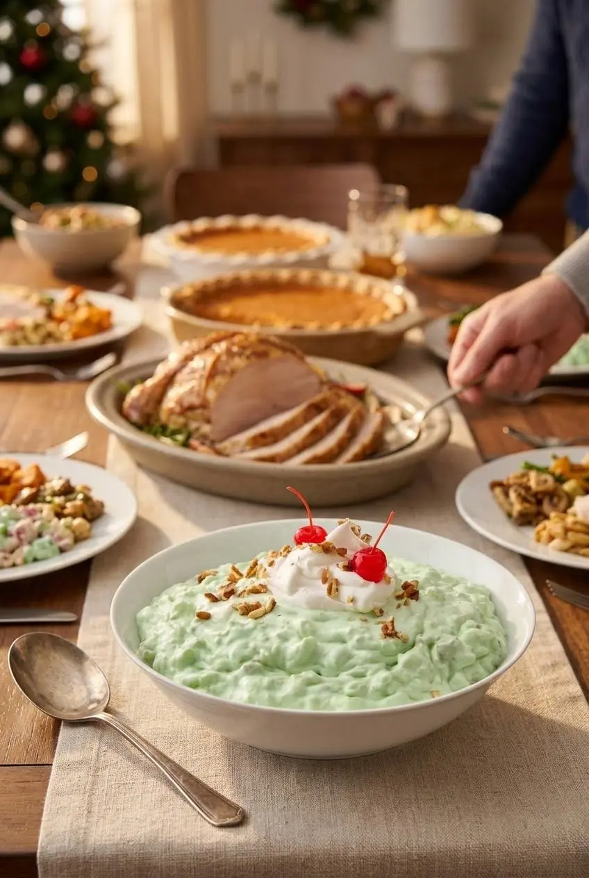 Watergate salad in a cut-glass bowl garnished with chopped pecans on an oak holiday table.