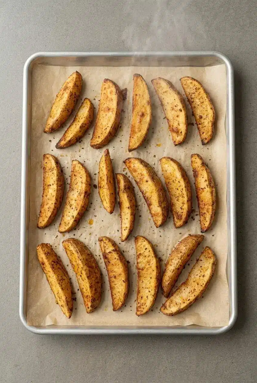 Seasoned Russet potato wedges arranged evenly in a single layer on a parchment-lined baking sheet.