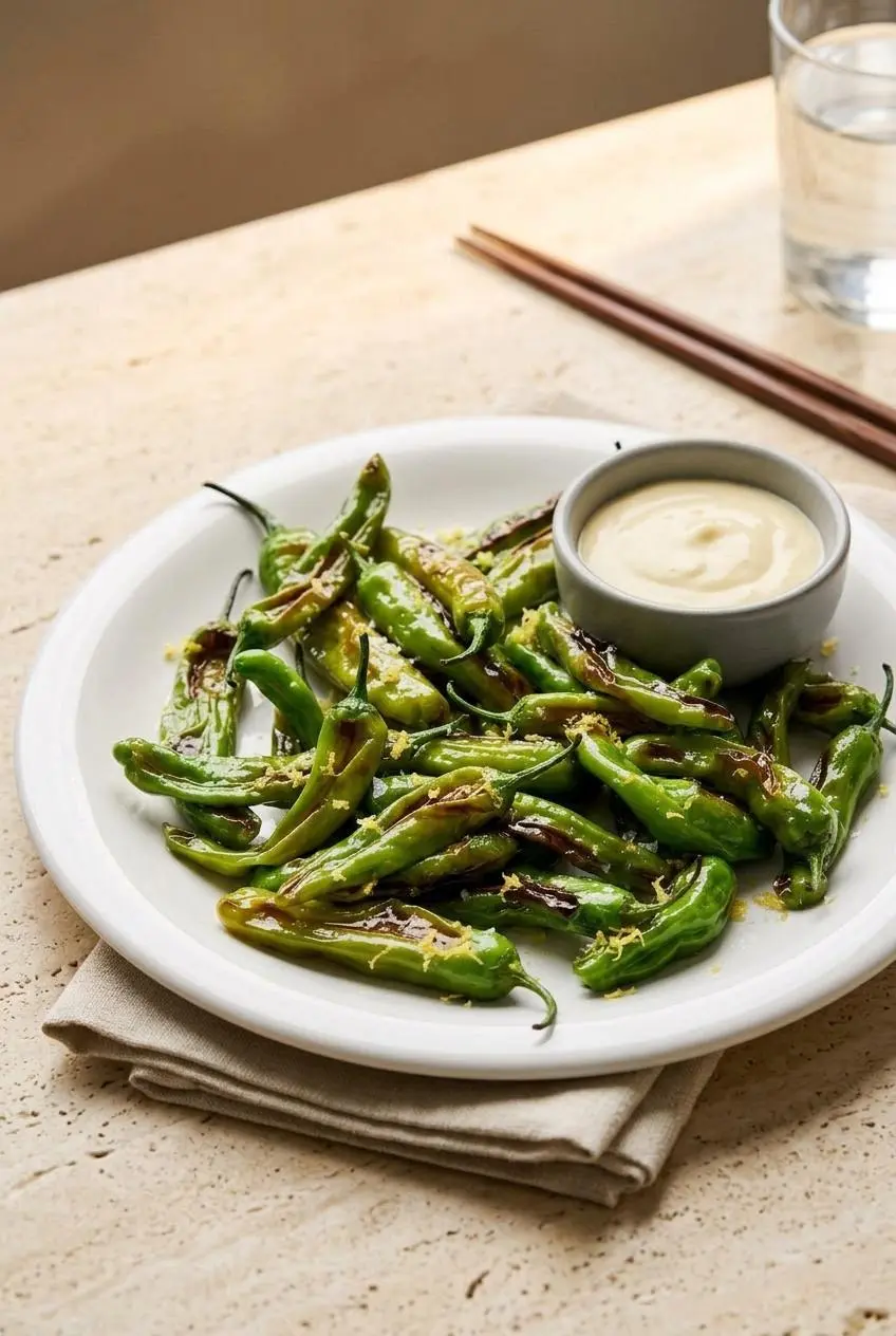 Blistered shishito peppers served on a ceramic platter beside a ramekin of creamy lemon garlic aioli.