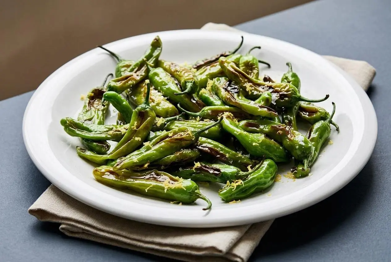 Finished shishito peppers recipe with charred blistered skins, flaky sea salt, and fresh lemon zest.