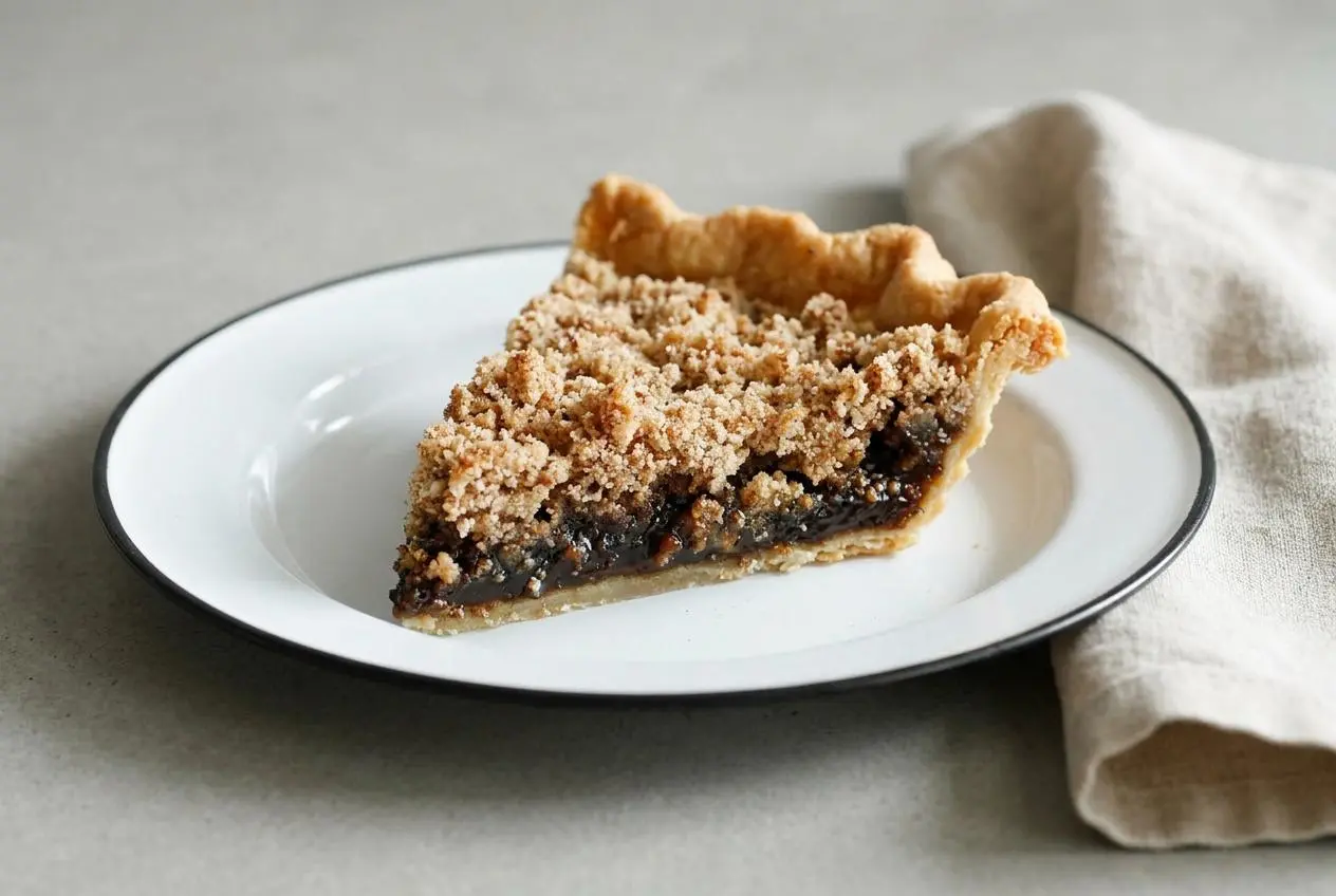 Baked shoofly pie with spiced brown sugar crumb topping and a crisp fluted pastry crust