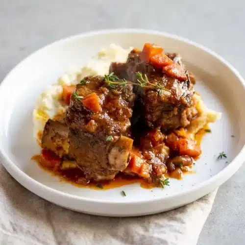 Tender braised beef from this short ribs recipe in rich red wine gravy with a glossy finish.