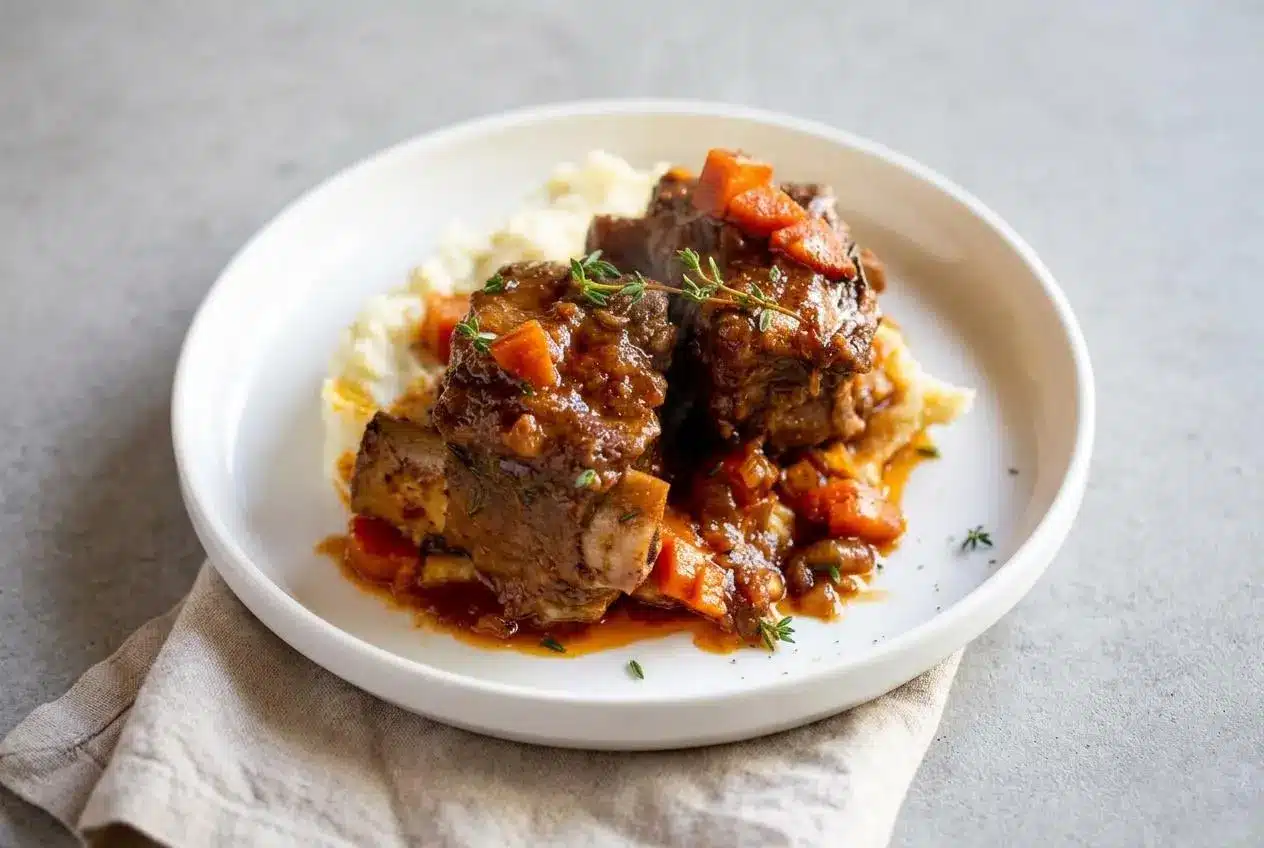Tender braised beef from this short ribs recipe in rich red wine gravy with a glossy finish.