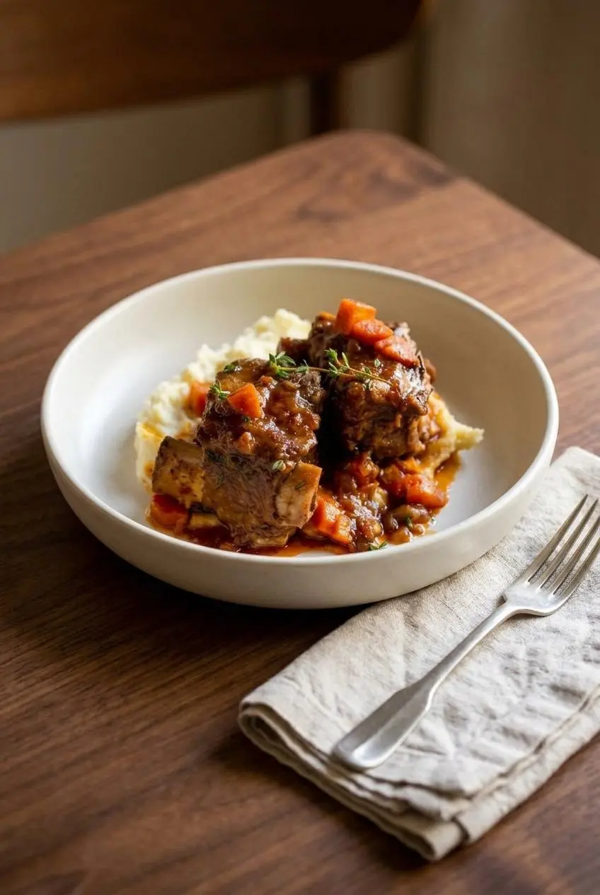 Braised bone-in beef short rib served over creamy garlic mashed potatoes with savory pan gravy.