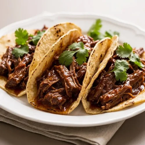 Juicy shredded beef tacos in warm charred corn tortillas with crisp onions, cilantro, and crumbled cotija cheese.