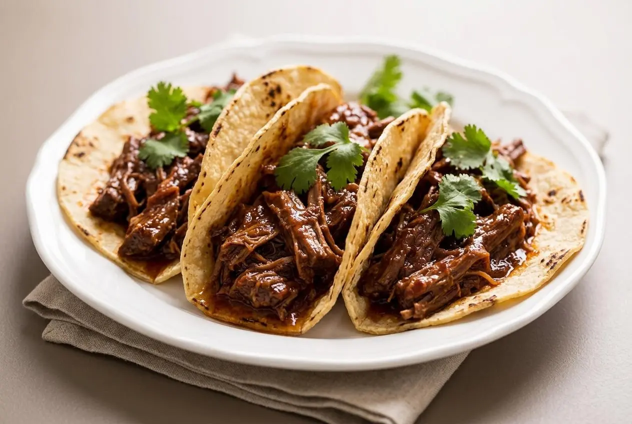 Juicy shredded beef tacos in warm charred corn tortillas with crisp onions, cilantro, and crumbled cotija cheese.
