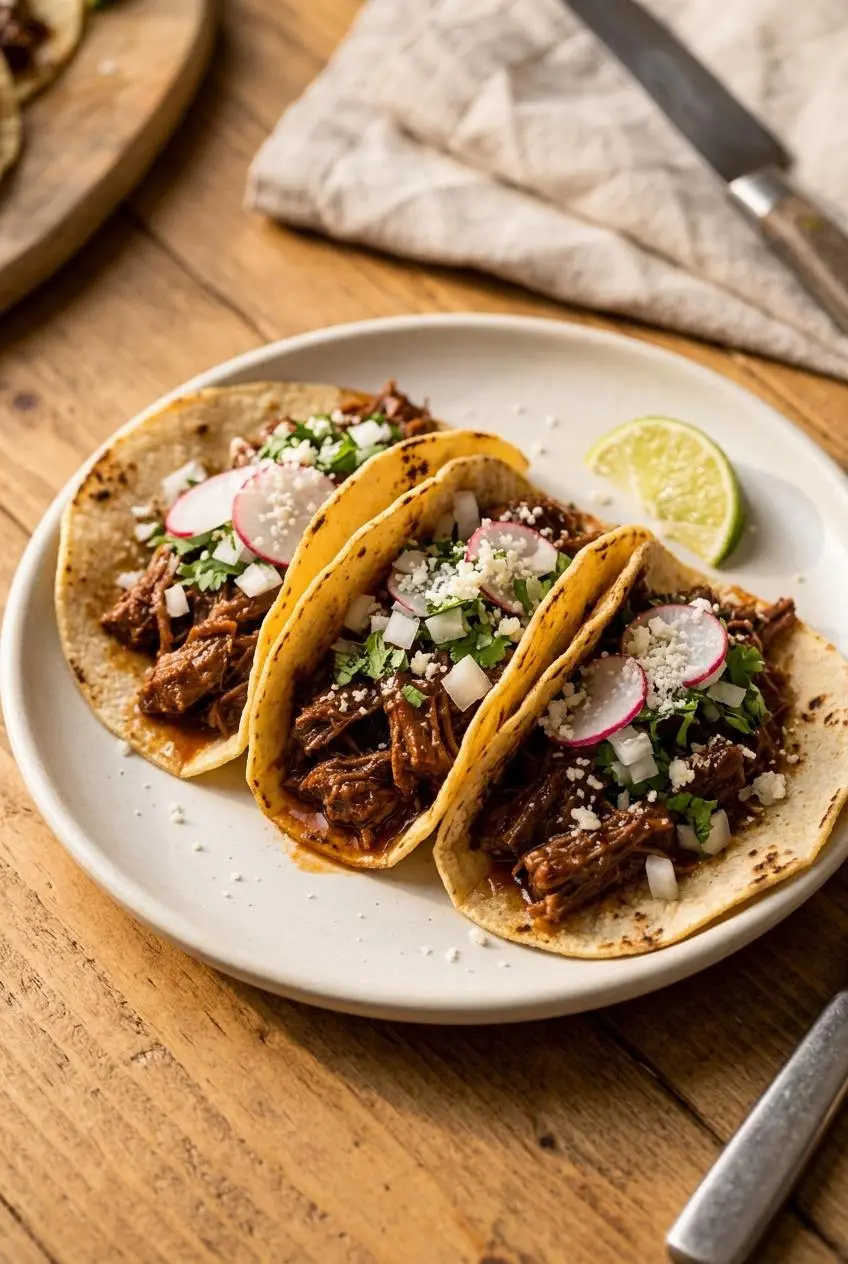 Three shredded beef tacos on charred corn tortillas garnished with diced onions, radishes, cilantro, and cotija.