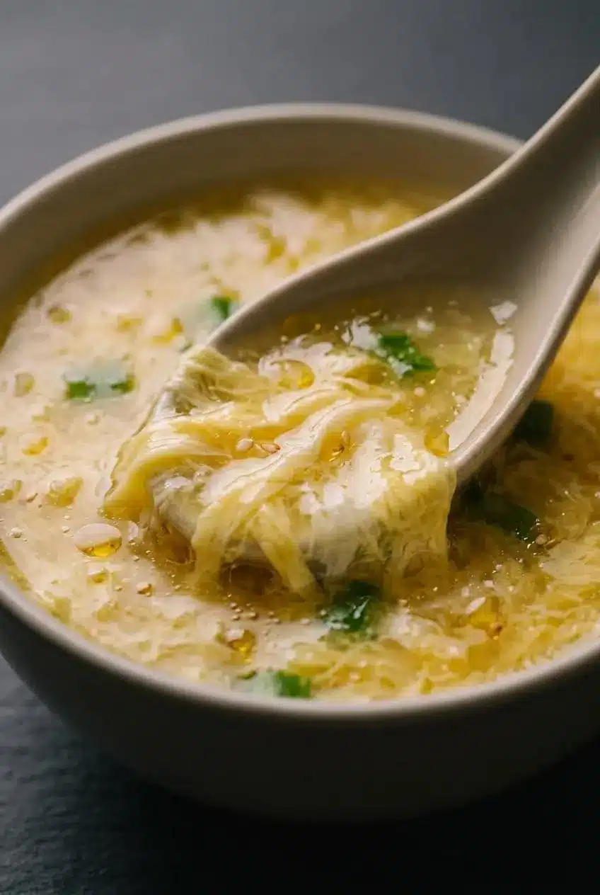 Ceramic spoon lifting delicate, feathery egg ribbons from glossy golden soup with sliced green scallions.