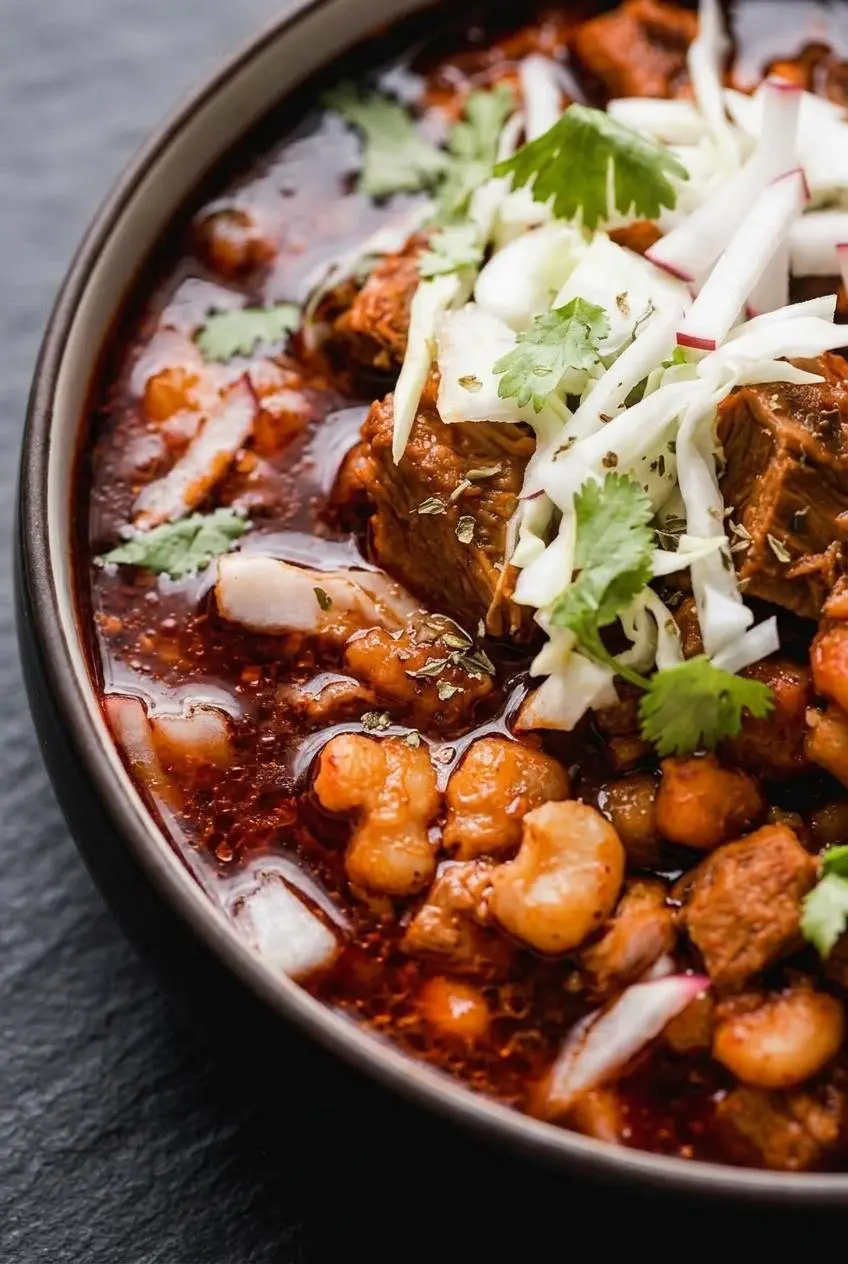 Close up of silky red pozole broth with tender pork pieces, plump white hominy, and dried oregano.