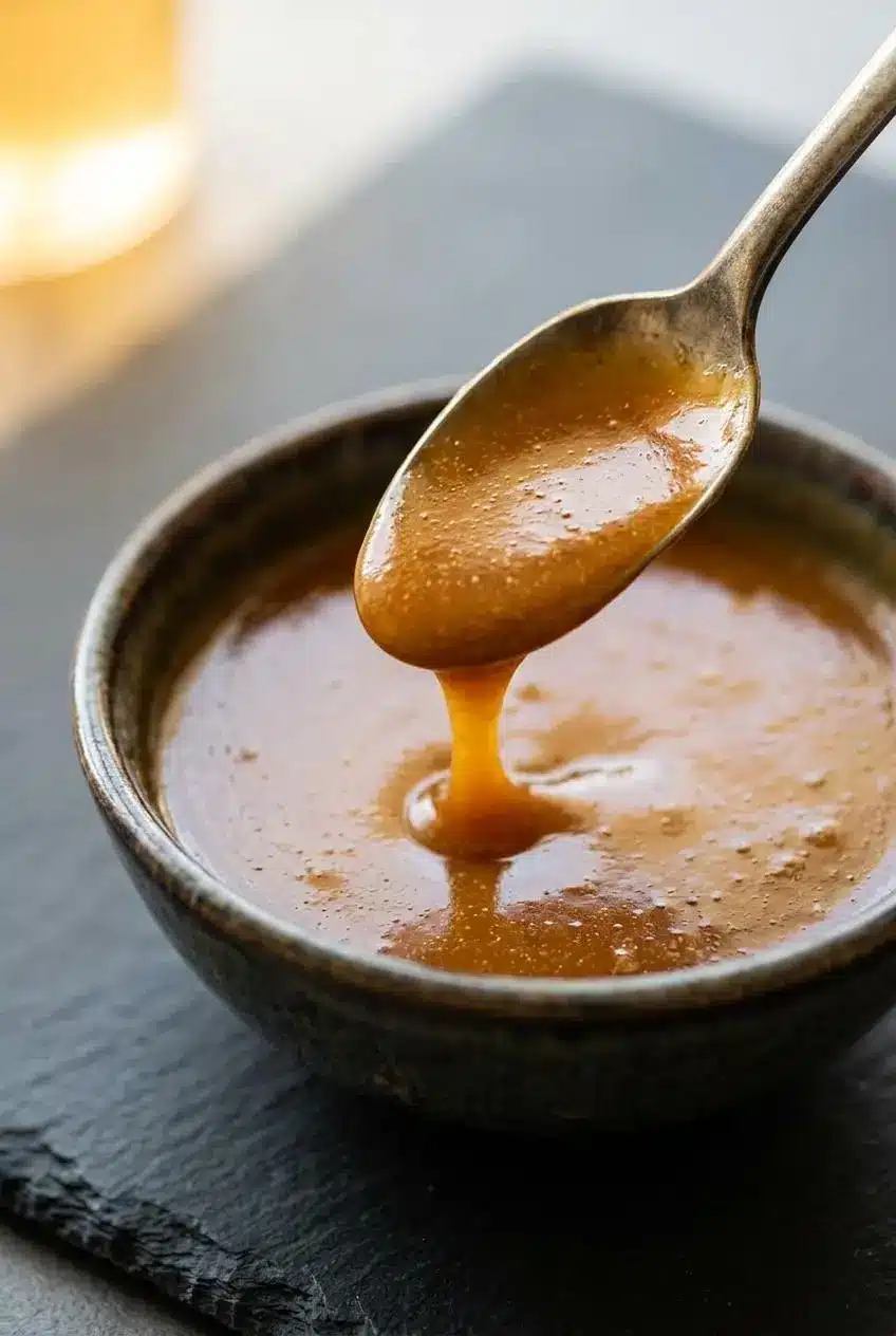 Spoon coated in velvety banana ketchup dripping slowly into a small ceramic bowl.