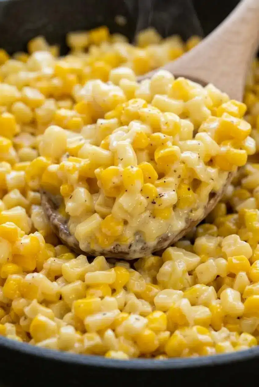 Close-up of honey butter skillet corn showing a smoothly emulsified glaze clinging to golden kernels.